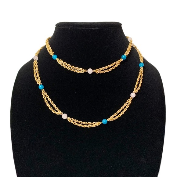 Grace Kelly Simple Stone Double Strand Chain Necklace 18k Gold Plated - Picture 1 of 9